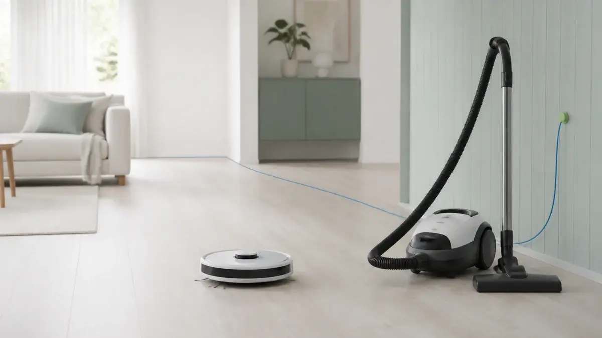 Rund robotstøvsuger og tradisjonell støvsuger ved siden av hverandre i en lys stue