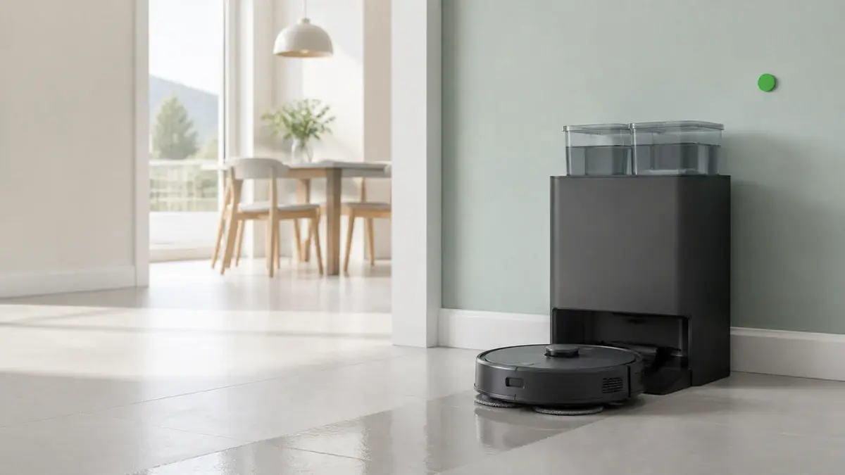 Robotstøvsuger med moppeputer foran dokk med to vannbeholdere