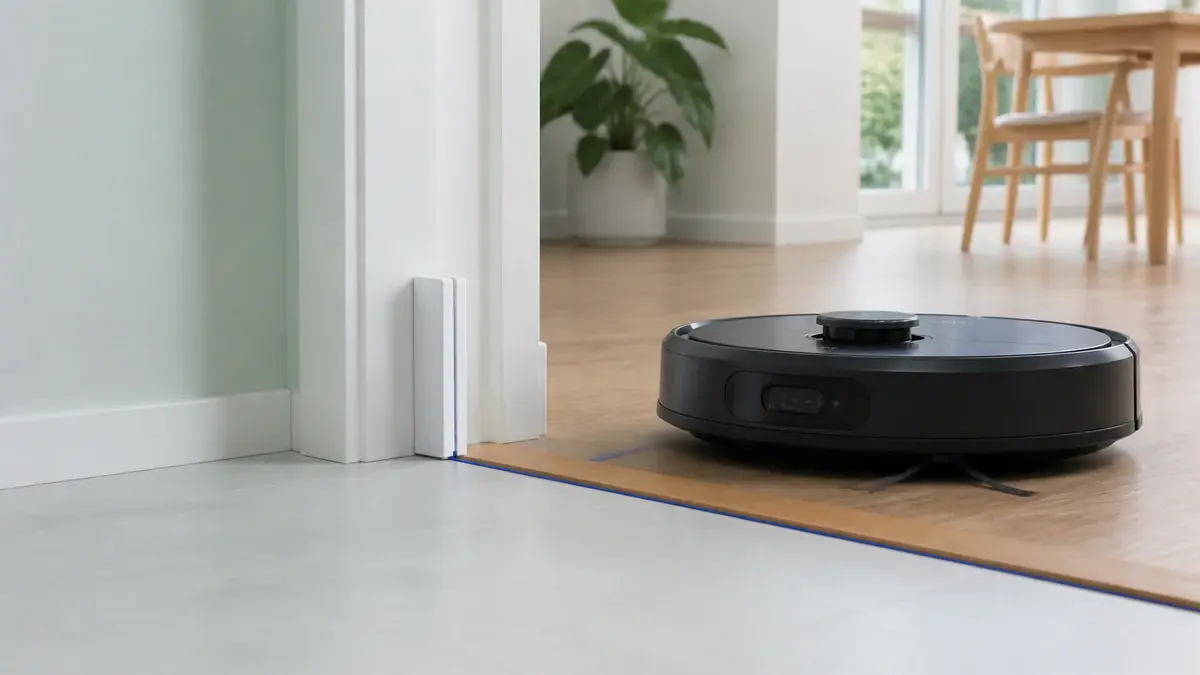 Robotstøvsuger foran en lav dørterskel mellom flis og tregulv